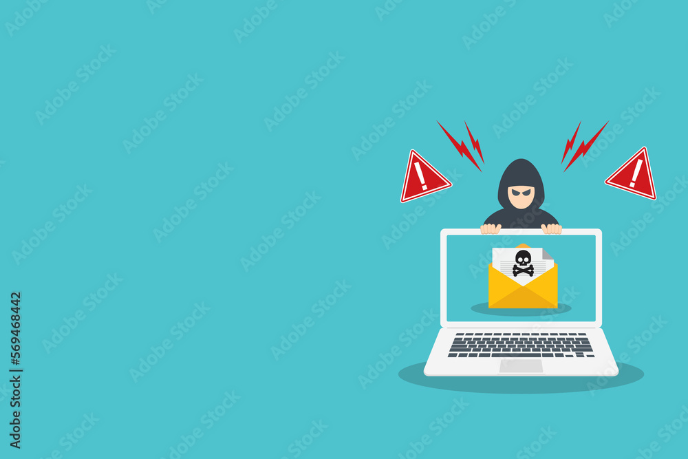 Hacker warning on laptop. Emergency alert of threat by hacker. Malware email with skull and crossbones. Hacking concept. Hacker warning on laptop. Emergency alert of threat by hacker. Malware email with skull and crossbones. Hacking concept.