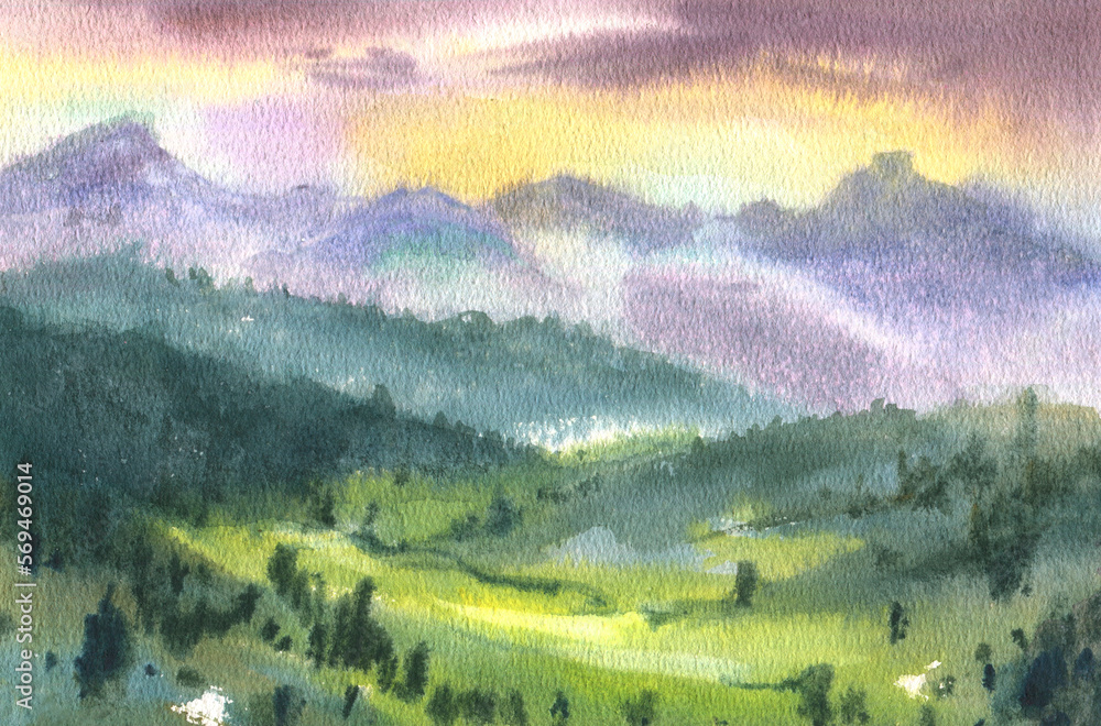 Hand drawn watercolor background. Landscape, hill, mountain, sunlight through the cloud, sky. Orange sunrise, sunset