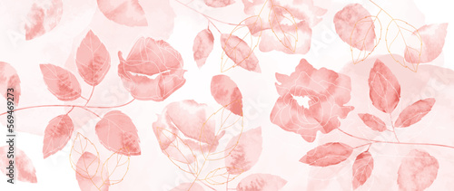 Abstract floral art background vector. Luxury spring rose flowers and gold line art watercolor texture background. Art design illustration for wallpaper, poster, banner card, print, web and packaging