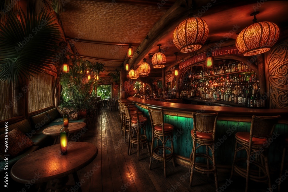 Cozy tropical tiki bar interior 