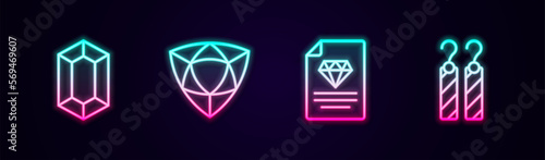 Set line Gem stone, Diamond, Certificate of the diamond and Earrings. Glowing neon icon. Vector