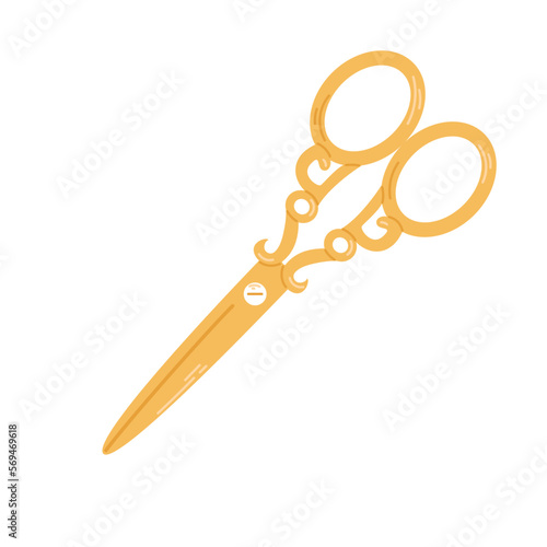 Vector gold ornate scissors. Professional tool. Sewing or hairdressing. Cutting sharp instrument.