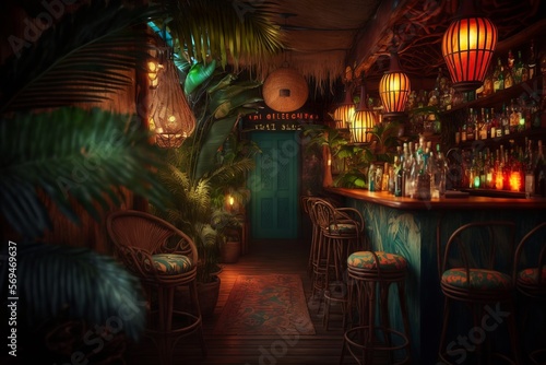 Atmospheric tiki bar interior in Hawaii , jungle stlye with turquoise details  photo