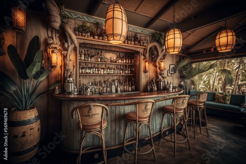 Tropical style bohemian tiki bar interior  photo