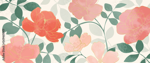 Abstract floral art background vector. Hand painted watercolor botanical spring flowers and gold line art texture. Art design illustration for wallpaper, poster, banner card, print, web and packaging