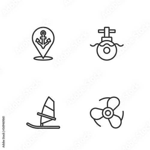 Set line Boat propeller  Windsurfing  Location with anchor and Submarine icon. Vector