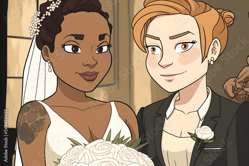 A mixed race black and white women lesbian LGBTIQ+ couple wedding, cartoon style, anime, beautiful close up portrait photo