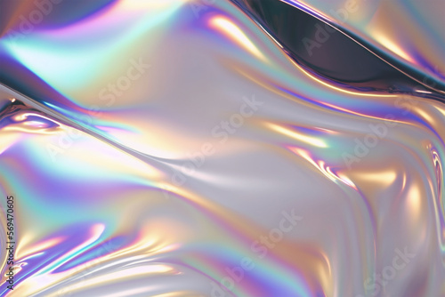 Abstract trendy holographic background. Iridescent color wrinkled foil texture with multiple colors. Hologram gradient mesh surface. Generative AI.