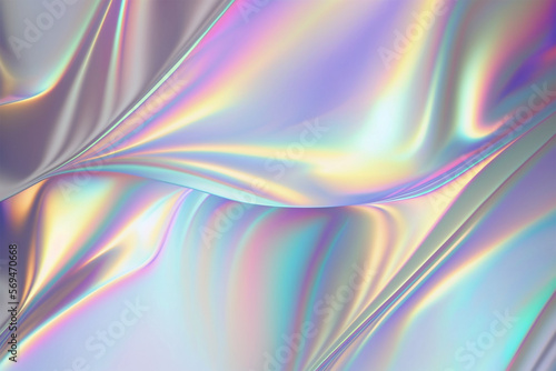 Abstract trendy holographic background. Iridescent color wrinkled foil texture with multiple colors. Hologram gradient mesh surface. Generative AI.