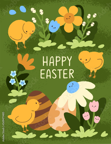 Happy Easter postcard. Spring holiday post card design with cute chickens, fu...