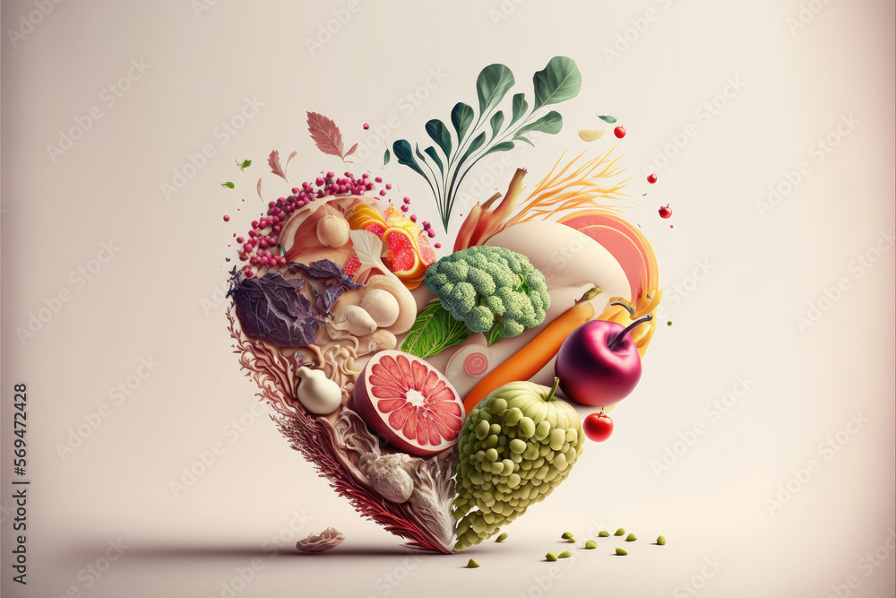 Horizontal abstract realistic illustrated love heart made of fresh vegetables and fruits isolated on a light background. Generative AI - obrazy, fototapety, plakaty 