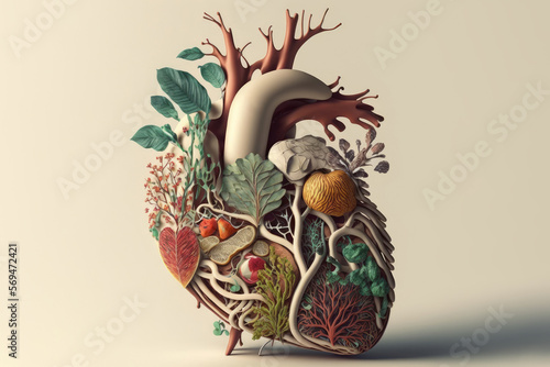 Horizontal abstract realistic illustrated image of a human heart made of plants and flowers isolated on a light beige background Fototapet