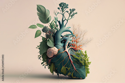 Fotografiet Horizontal abstract realistic illustrated image of a human heart made of plants and flowers isolated on a light pink background