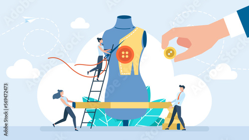 Clothing design.Taking measures. Seamstress fitting on clothes on mannequin. Process of sewing clothes, fashion studio. Plastic tape measure. Workshop, dressmakers at work. Flat vector illustration