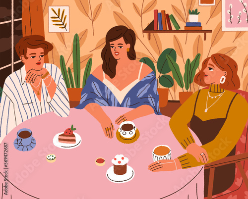 Women friends gathering for tea party, sitting at table together, talking. Young modern girls conversation with coffee and desserts. Fashion girlfriends communication. Flat vector illustration