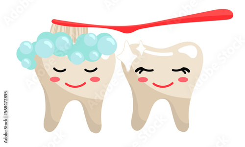 Cute toothy emoticons. They brush their teeth with a toothbrush with foam. Clean, even, joyful teeth with emotions. Dental floss and teeth with shine. In a flat style on a white background