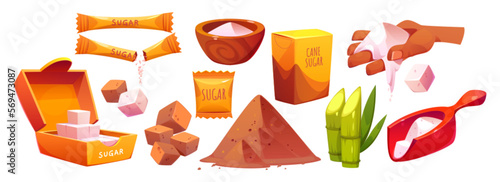 Icons of white and brown sugar in cubes and powder. Sweet food ingredient, bag, scoop, bowl with heap of sugar crumbs, box and package, vector cartoon set isolated on background