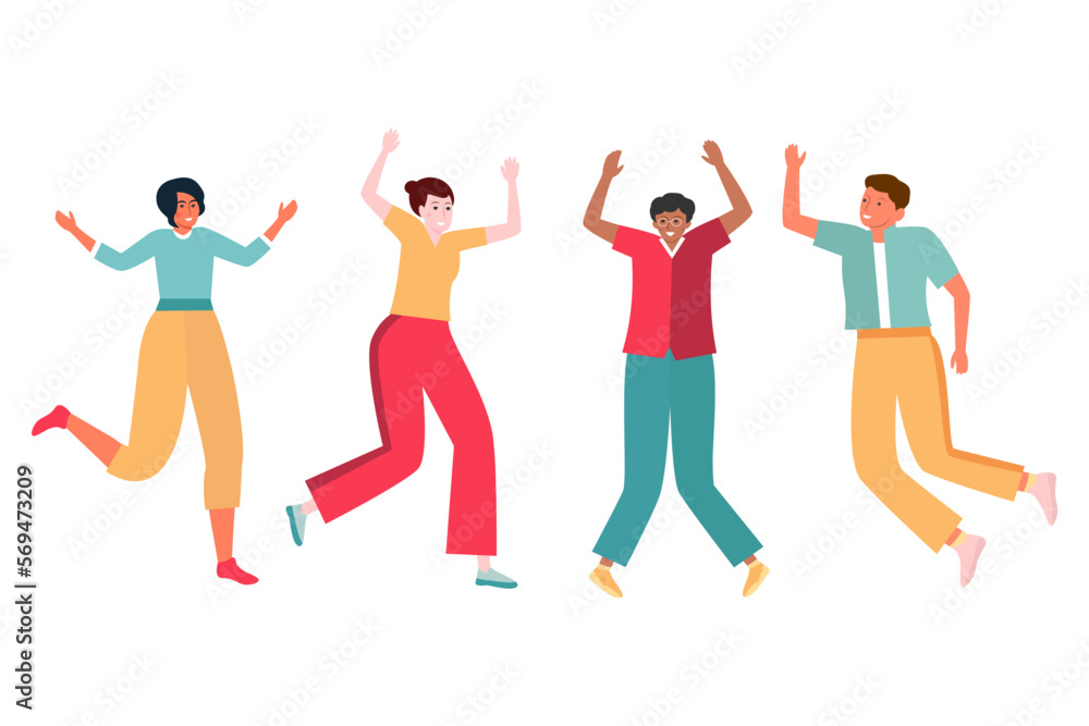 Fototapeta premium Happy modern employees jumping with their hands up. Flat vector illustration.