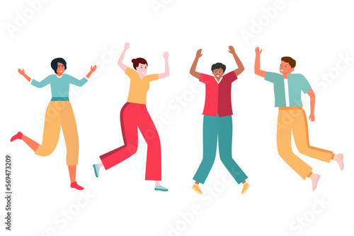 Happy modern employees jumping with their hands up. Flat vector illustration.