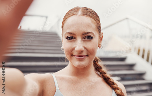 Selfie, fitness and woman portrait by outdoor stairs ready for running, exercise and workout. Happy, influencer and smile of a young person runner on the internet or web with sport wellness