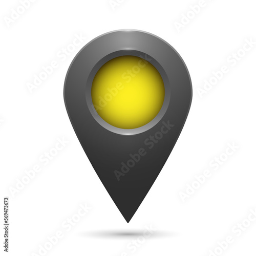 The geolocation icon is gray with highlights and a yellow insert on a white background. Realistic geolocation map pin code icon. Vector EPS 10.