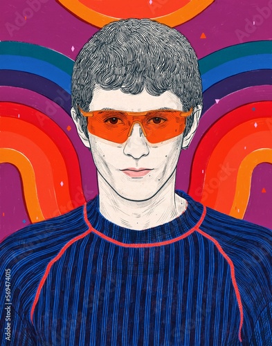 Attractive Young Man Male Androgynous Model Orange Sunglasses Fashion 1970s Rainbow Wearing Sportswear