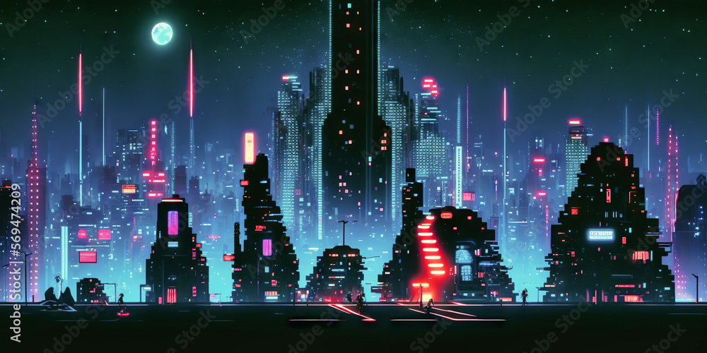 Cyberpunk neon city night. Futuristic city scene in a style of pixel ...