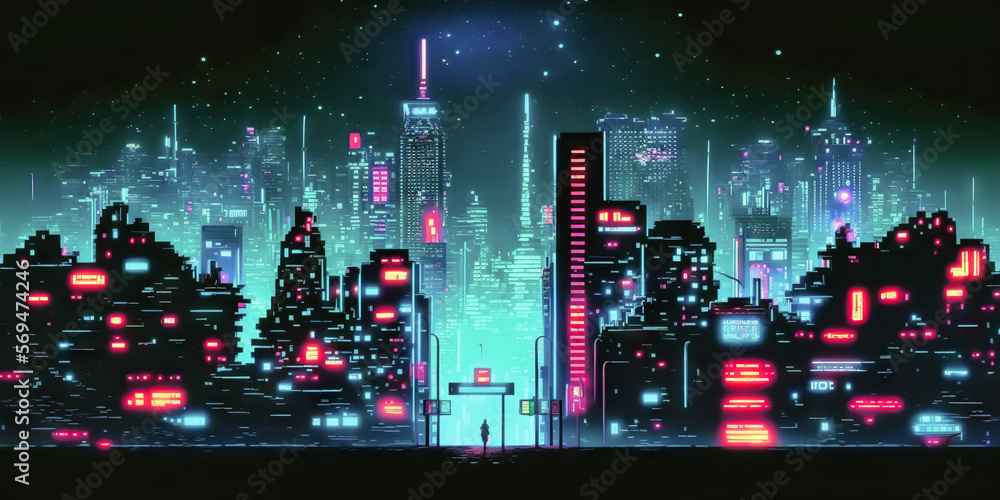 Cyberpunk neon city night. Futuristic city scene in a style of pixel art. 80's wallpaper. Retro future 3D illustration. Urban scene. Generative AI
