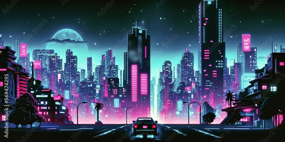 Cyberpunk Neon City Night. Futuristic City Scene in a Style of Pixel Art.  80 S Wallpaper. Retro Future Stock Illustration - Illustration of  skyscraper, architecture: 267715208