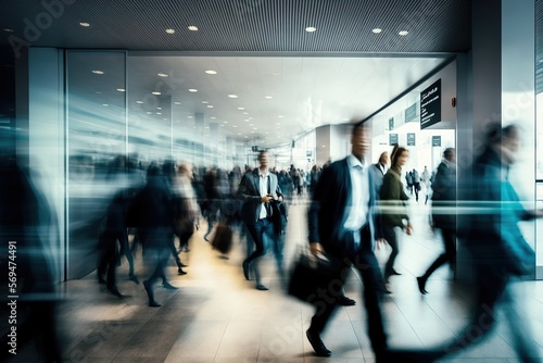 Business people at work in a rushing busy time, modern office space, motion blur, generative Ai photo