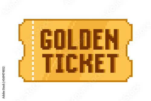 Pixel Golden Ticket. Vector golden ticket in 8-bit retro game style isolated on whithe backgound. Cinema, theater, concert, game, party, event, festival gold ticket. Geek style coupon
