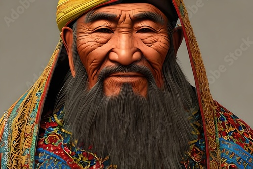 Old Chinese man of the Uyghur ethnic group dressed in traditional cloth. Generative AI photo