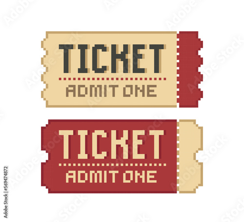  Geek Pixel Ticket icons. Pixel Art tickets with a control line isolated vector. Cinema, Concert, Movie symbol. Retro game 8 bit art style ticket