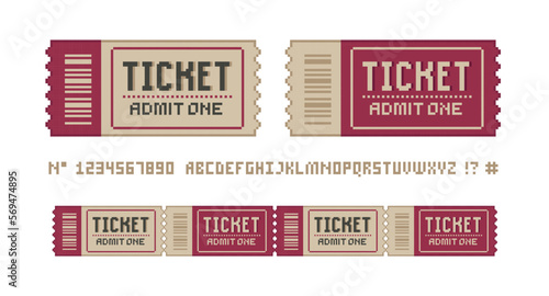 Geek Ticket icons. Pixel Ticket vector design with ticket endless ribbon in retro 8-bit video game style.  Vintage coupon