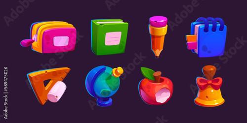 Icons of school stationery, pencil, book, ruler and globe. Game objects of education supplies, pencil case, apple, chalk, notebook and bell, vector cartoon set isolated on background