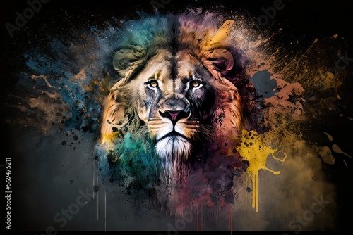 Portrait of a lion in color splash explosion. King of the forest. Big head of animal. Watercolor drawing. 3D illustration. Generative AI