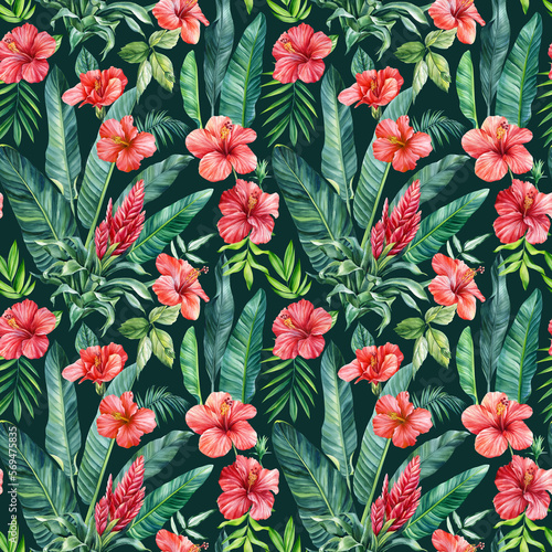 Floral Seamless pattern, wallpaper jungle and tropical palm levels and tropical red flower, bromeliad, hibiscus 