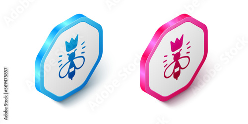 Free Download Isometric Queen bee icon isolated on white background. Sweet natural food. Honeybee or apis with wings symbol. Flying insect. Hexagon button. Vector - GFXLoad