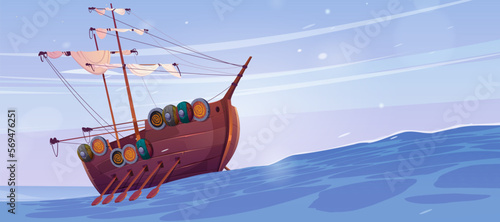 Sea landscape with wooden ship with white sail and paddle. Cartoon vector background, viking boat with folded sails, shields hanging on board on ocean wave at sunny day