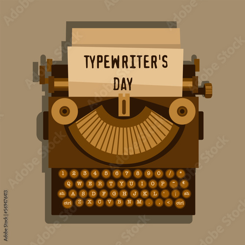An old typewriter with sheets inside. Writer's Day, poet's Day. A golden old typewriter with sheets inside. Vector illustration on a white background. Banner, postcard