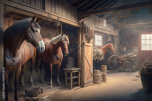 A stable with horses and saddles, illustration - Generative AI