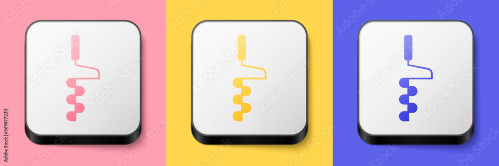 Isometric Hand ice drill for winter fishing icon isolated on pink, yellow and blue background. Square button. Vector Isometric Hand ice drill for winter fishing icon isolated on pink, yellow and blue background. Square button. Vector