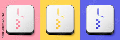 Isometric Hand ice drill for winter fishing icon isolated on pink, yellow and blue background. Square button. Vector