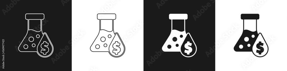 Set Oil petrol test tube icon isolated on black and white background. Cmemistry flask and falling drop. Vector Set Oil petrol test tube icon isolated on black and white background. Cmemistry flask and falling drop. Vector