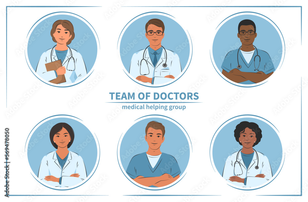 Set of doctors, nurses and paramedics. Medical helping group. Portraits of male and female medical. Vector illustration. Set of doctors, nurses and paramedics. Medical helping group. Portraits of male and female medical. Vector illustration.