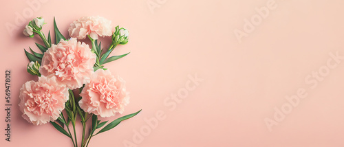 Carnation bouquet on pastel pink background with copy space. 3D illustration concept for Mother's Day holiday greetings card. Wide angle format banner. Generative AI photo