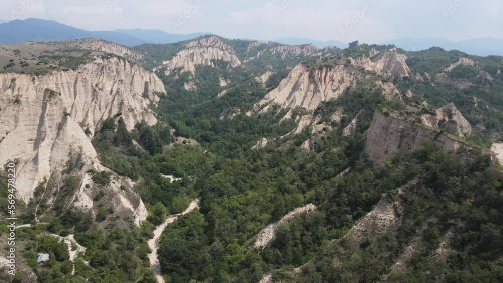 Aerial view of Melnik sand pyramids, Blagoevgrad region, Bulgaria Aerial view of Melnik sand pyramids, Blagoevgrad region, Bulgaria