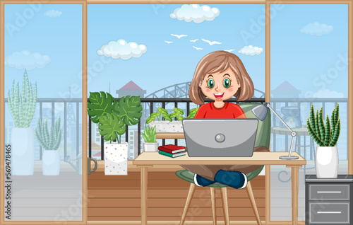 A girl using laptop at home