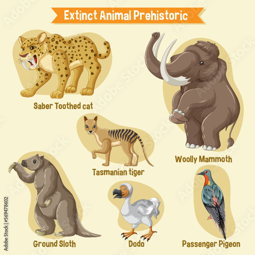 A set of extinct animals sticker set
