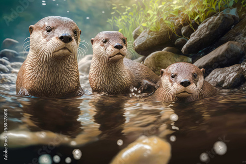 A family of otters, Lutrinae subfamily, swimming and playing in a river, illustration - Generative AI photo